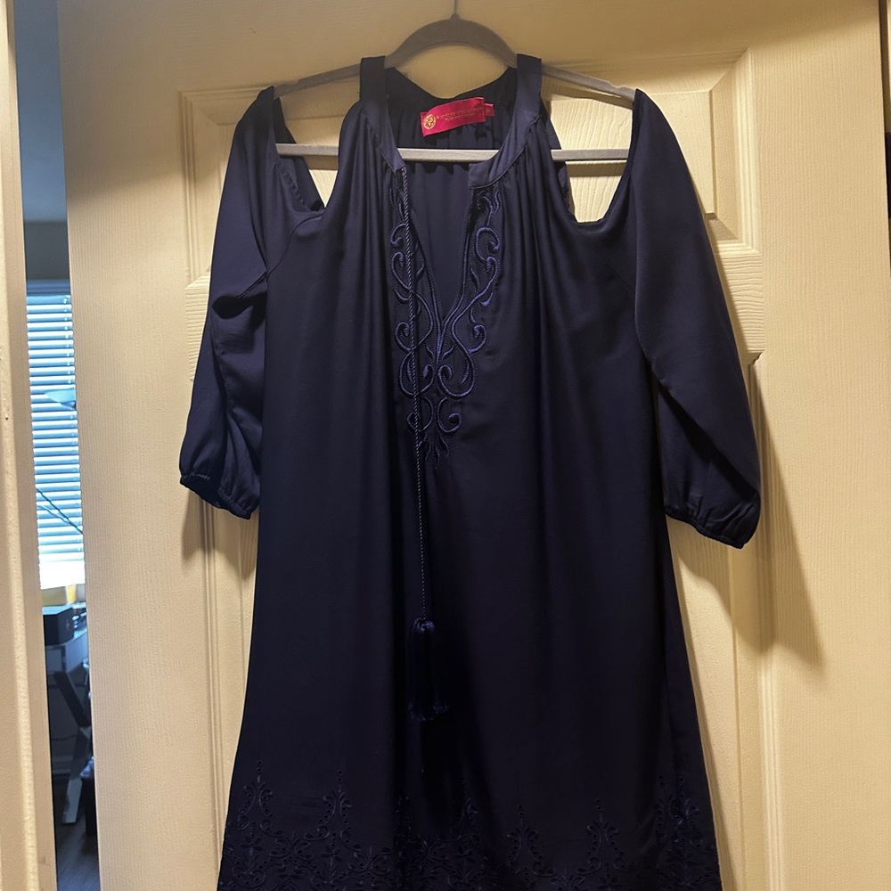 Macbeth Collection Navy Cold-Shoulder Embroidered Dress – Size M